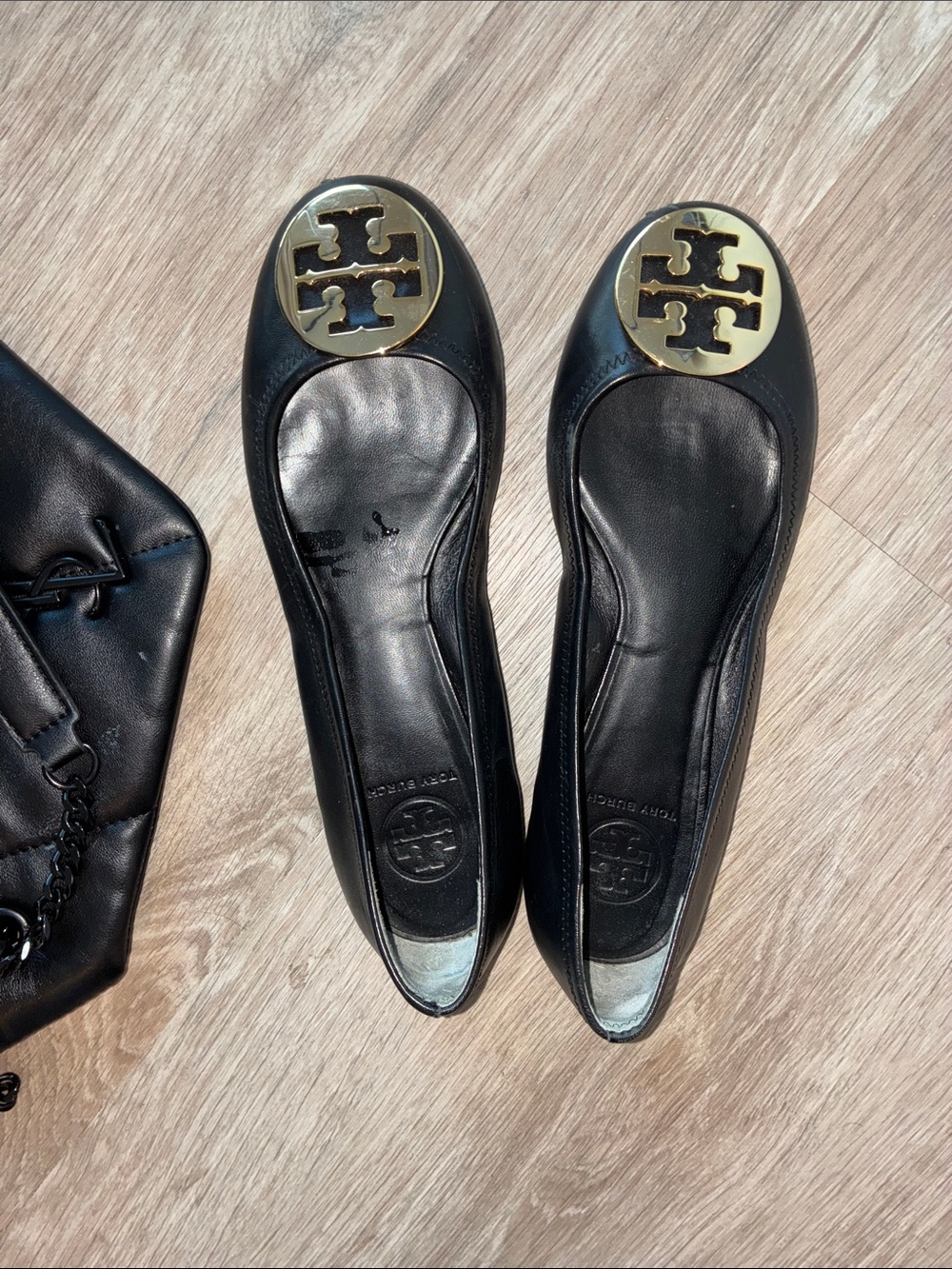 Tory Burch Black Leather Ballet Flats with Gold Logo - FLAWED